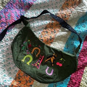 Baggu Medium Nylon Crescent Bag Dk Green Jessica Williams Horse Theme Embroidery